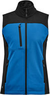 Am image of a Custom Stormtech Womens Cascades Softshell Vest in Azure Blue/Black!
