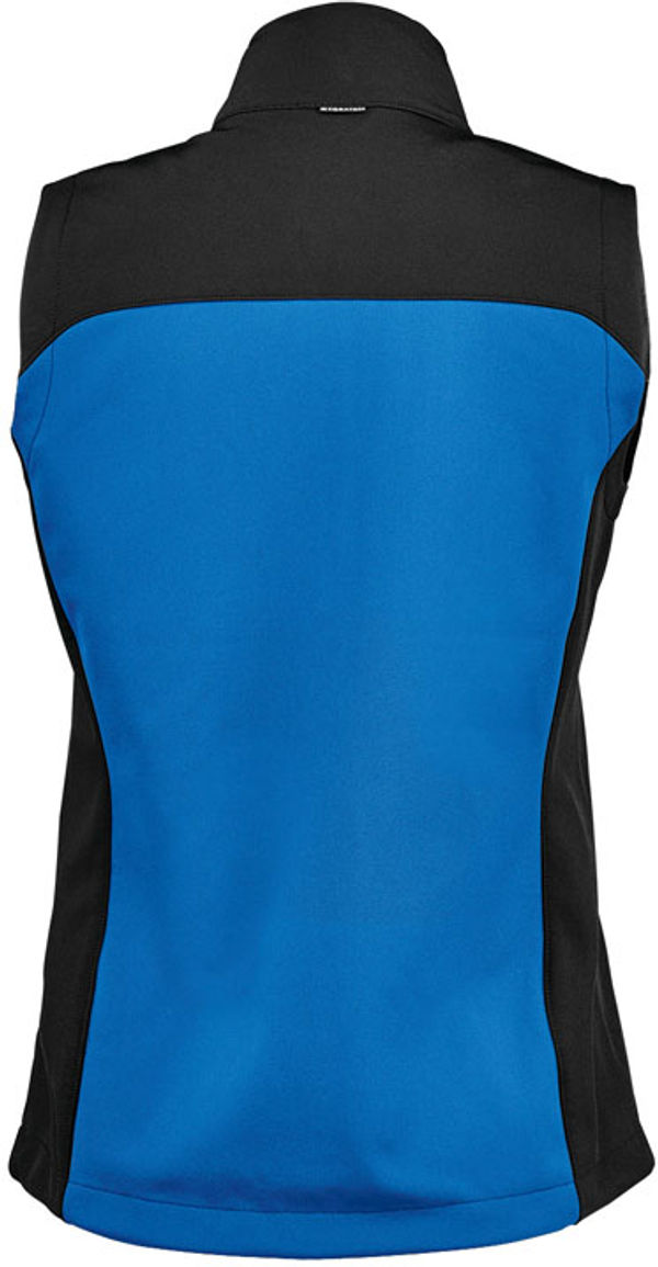 Am image of a Custom Stormtech Womens Cascades Softshell Vest in Azure Blue/Black!