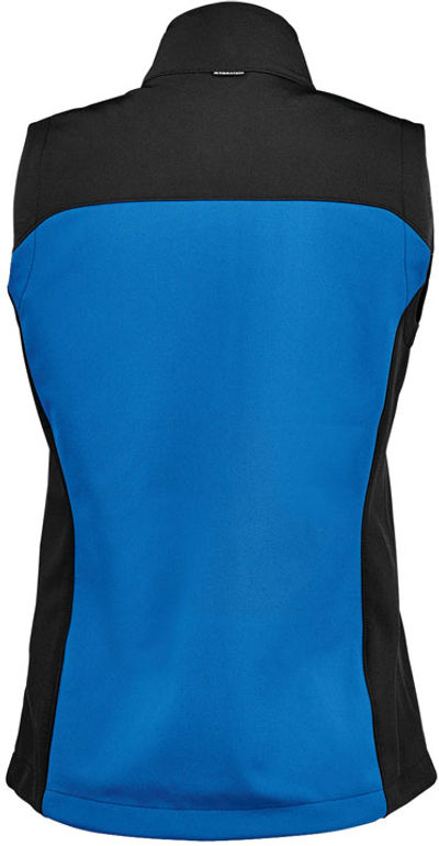 Am image of a Custom Stormtech Womens Cascades Softshell Vest in Azure Blue/Black!