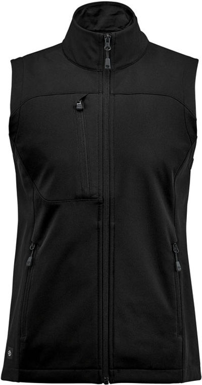 Am image of a Custom Stormtech Womens Cascades Softshell Vest in Black!