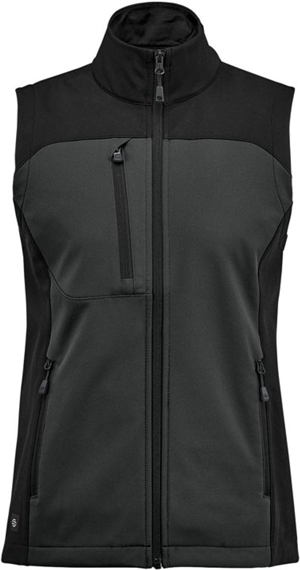 Am image of a Custom Stormtech Womens Cascades Softshell Vest in Dolphin/Black!