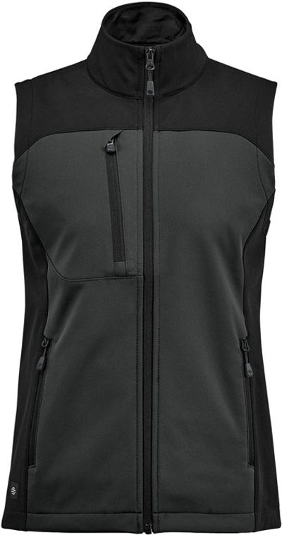 Am image of a Custom Stormtech Womens Cascades Softshell Vest in Dolphin/Black!
