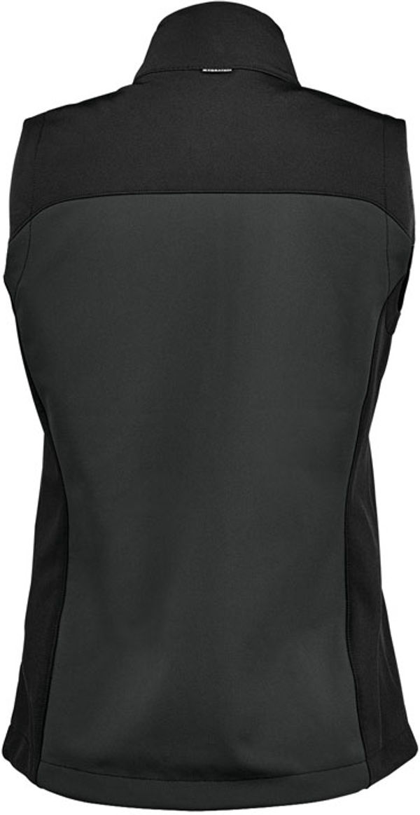 Am image of a Custom Stormtech Womens Cascades Softshell Vest in Dolphin/Black!