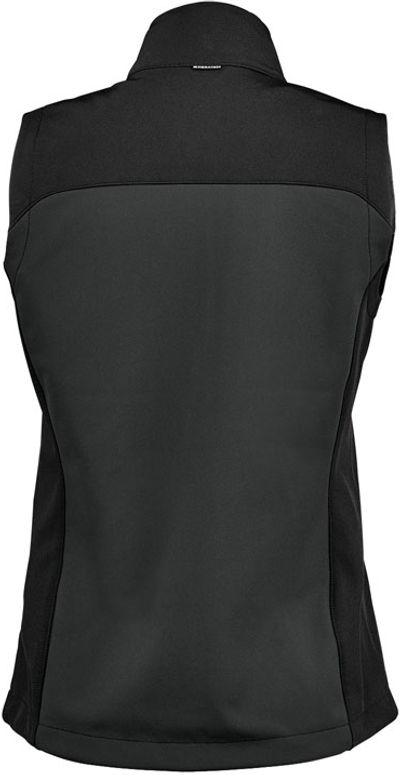 Am image of a Custom Stormtech Womens Cascades Softshell Vest in Dolphin/Black!