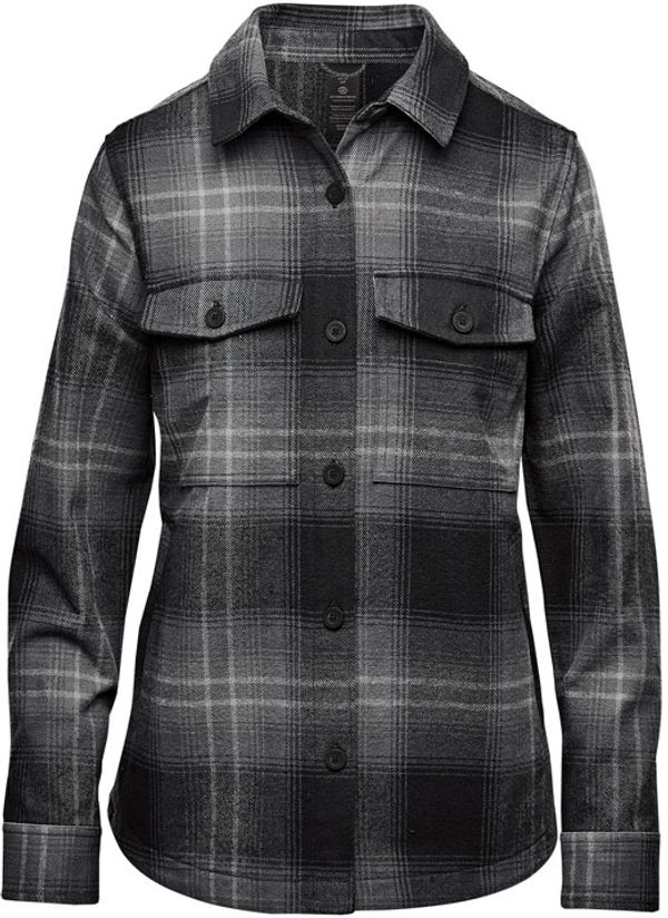 An image of a Custom Stormtech Womens Highland Plaid Shacket in Carbon / Black!