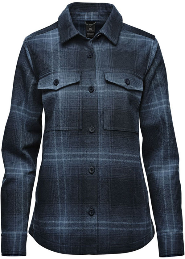 Am image of a Custom Stormtech Womens Highland Plaid Shacket in Midnight / Dusk!
