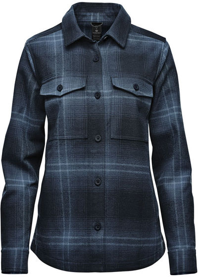 Am image of a Custom Stormtech Womens Highland Plaid Shacket in Midnight / Dusk!