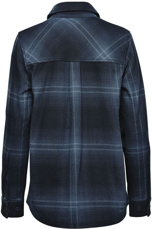 Am image of a Custom Stormtech Womens Highland Plaid Shacket in Midnight / Dusk!