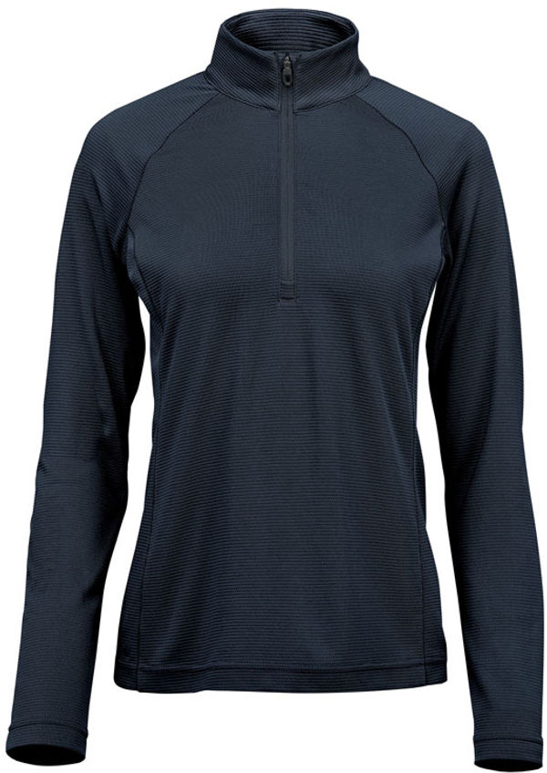 Am image of a Custom Stormtech Womens Mesa Quarter Zip Pullover in Navy!