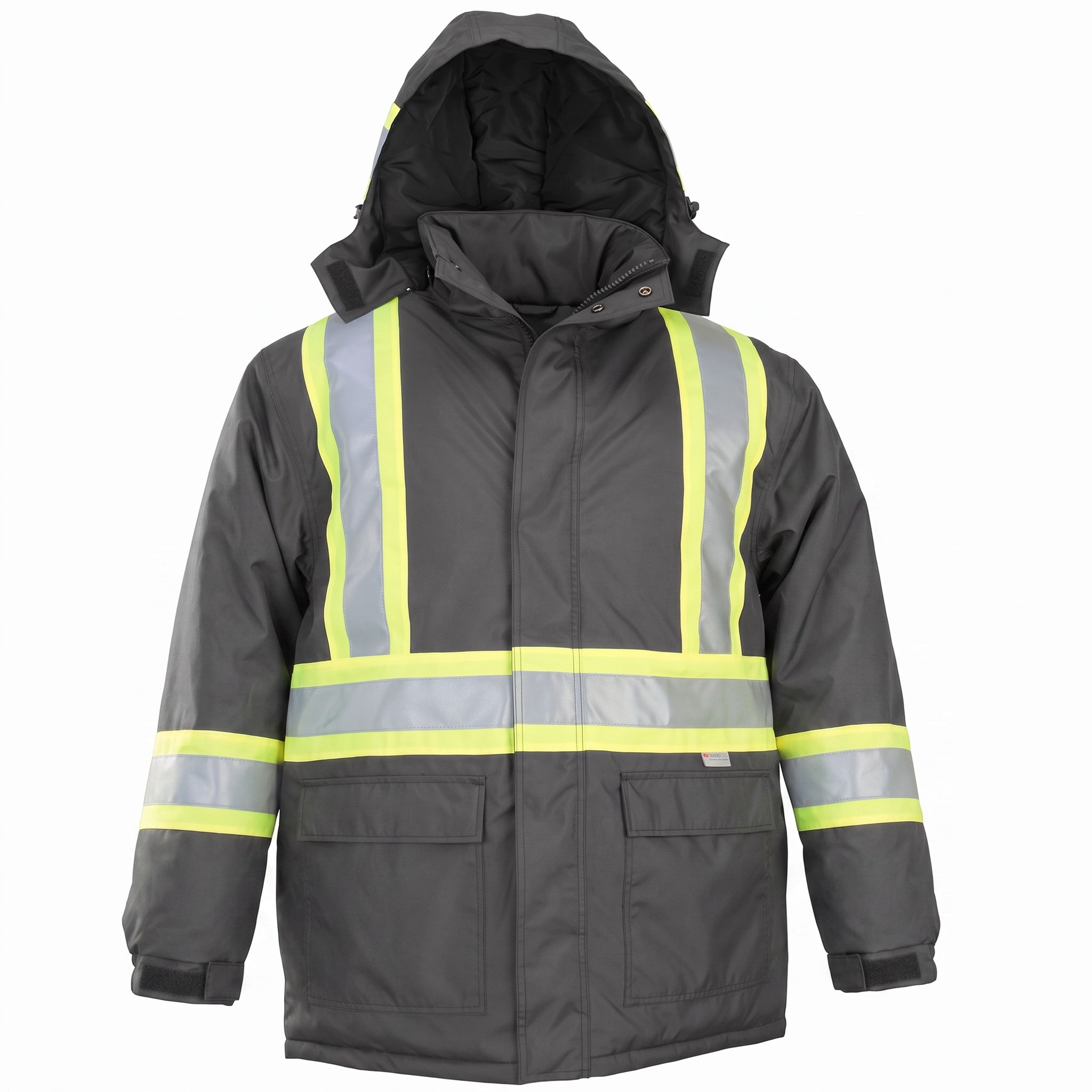 Sumaggo Heavy Polyester Cotton Winter Parka with Lime Contrasting Reflective Material in Black