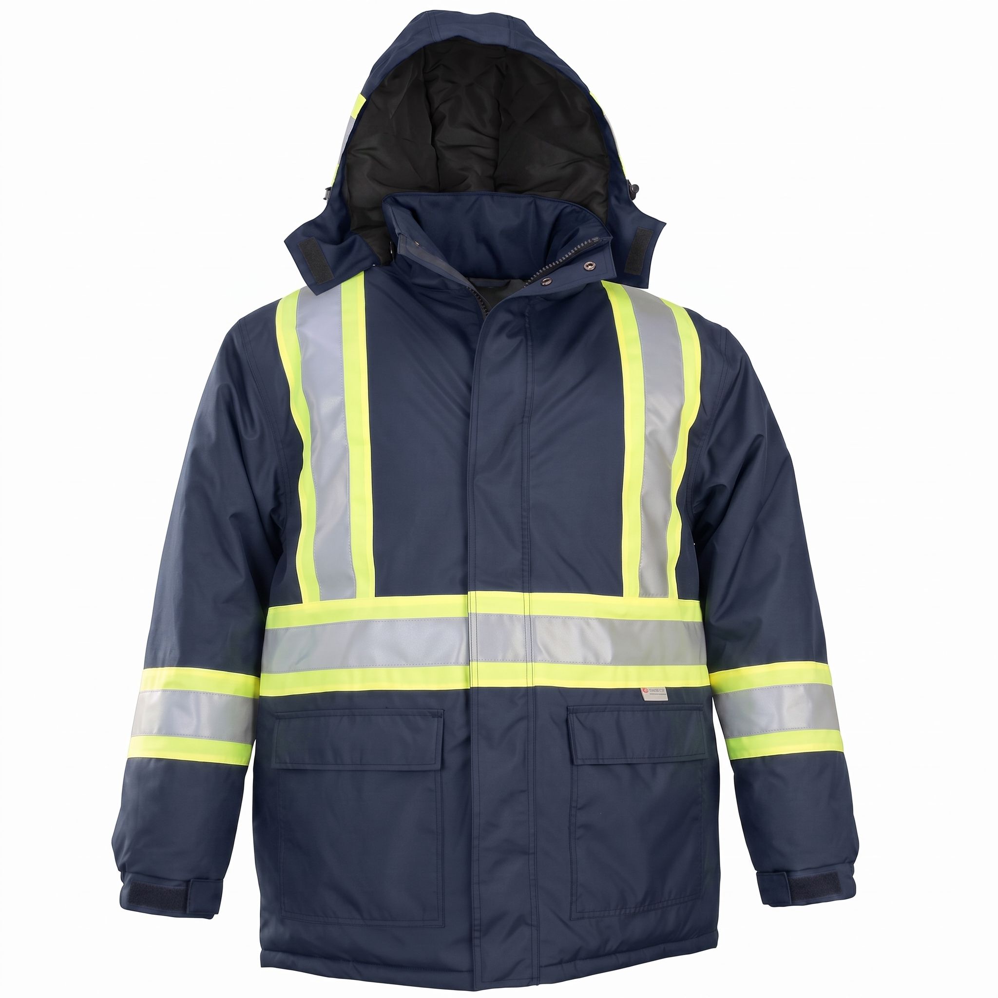 Sumaggo Heavy Polyester Cotton Winter Parka with Lime Contrasting Reflective Material in Navy