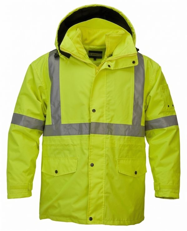 An image of a Custom Sumaggo High Visibility 5 in 1 Parka Jacket with 2 in 1 Fleece Inner Jacket in Lime!