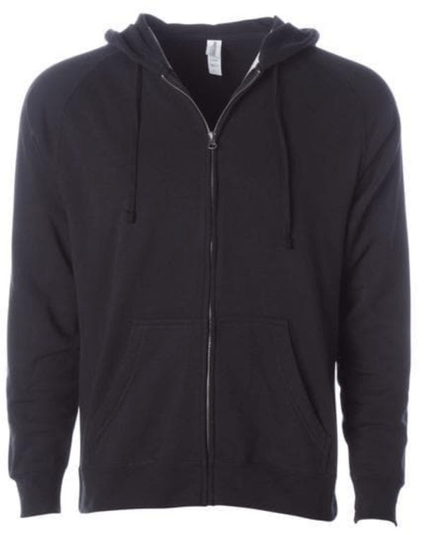 Am image of a Custom Independent Trading Co Unisex Special Blend Zip Hooded Sweatshirt in Black!