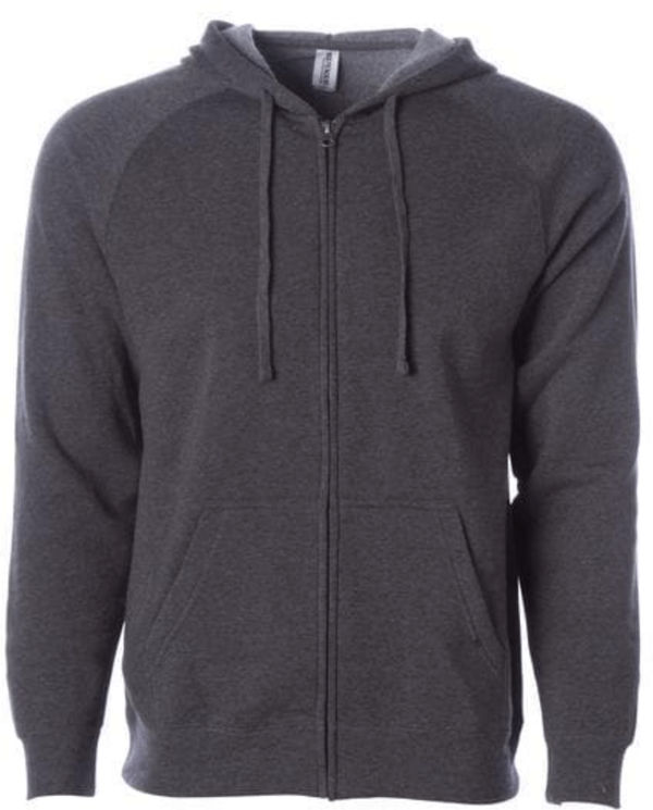 Am image of a Custom Independent Trading Co Unisex Special Blend Zip Hooded Sweatshirt in Carbon Charcoal Heather!