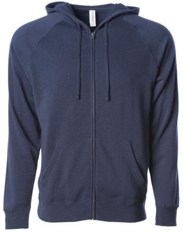 Am image of a Custom Independent Trading Co Unisex Special Blend Zip Hooded Sweatshirt in Classic Navy!