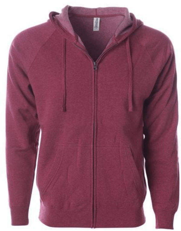 Am image of a Custom Independent Trading Co Unisex Special Blend Zip Hooded Sweatshirt in Crimson Heather!