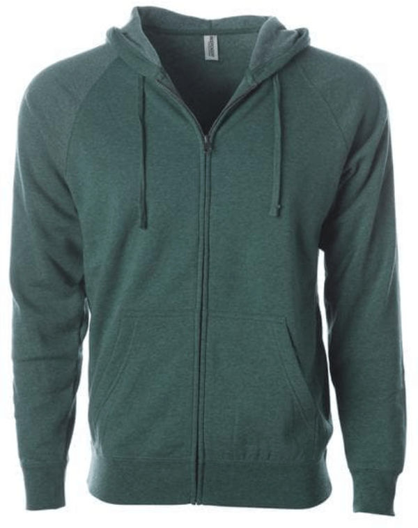 Am image of a Custom Independent Trading Co Unisex Special Blend Zip Hooded Sweatshirt in Moss Heather!