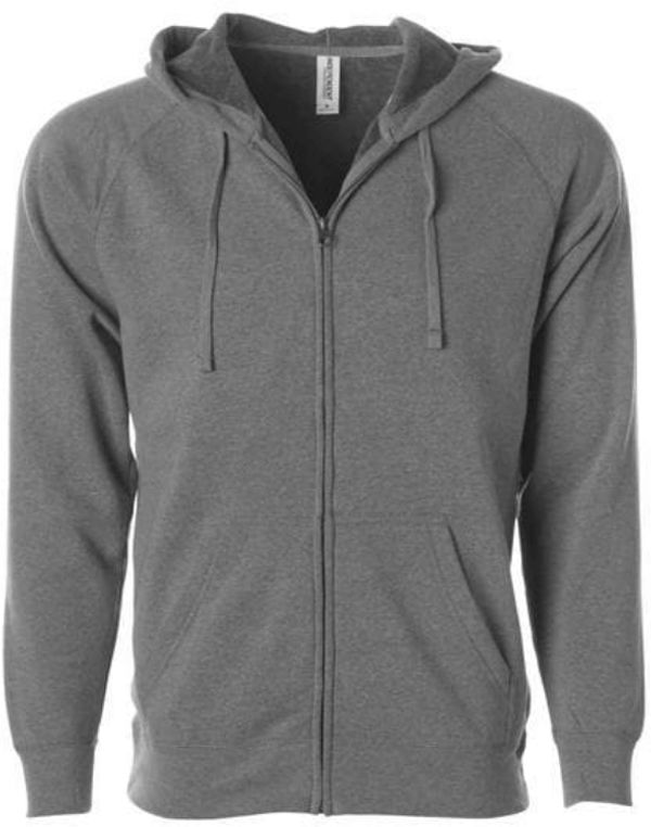 Am image of a Custom Independent Trading Co Unisex Special Blend Zip Hooded Sweatshirt in Nickel Gunmetal Heather!