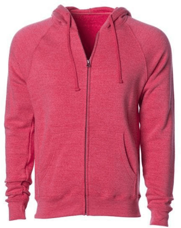 Am image of a Custom Independent Trading Co Unisex Special Blend Zip Hooded Sweatshirt in Pomegranate Heather!