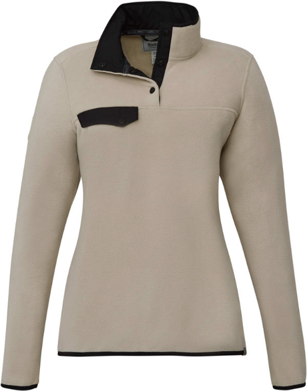 Am image of a Custom Roots73 Womens Westville Eco Microfleece Pullover in Oatmeal!