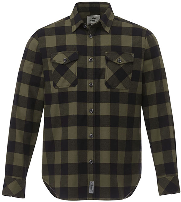 Am image of a Custom Roots73 Mens Spruce Lake Long Sleeve Shirt in Loden/Black!