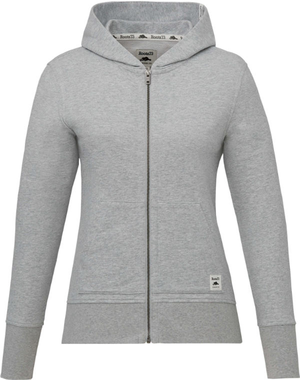 Am image of a Custom Roots73 Ladies Canmore Eco Full Zip Hoody in Grey!
