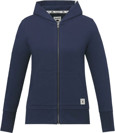 Am image of a Custom Roots73 Ladies Canmore Eco Full Zip Hoody in Indigo Blue!