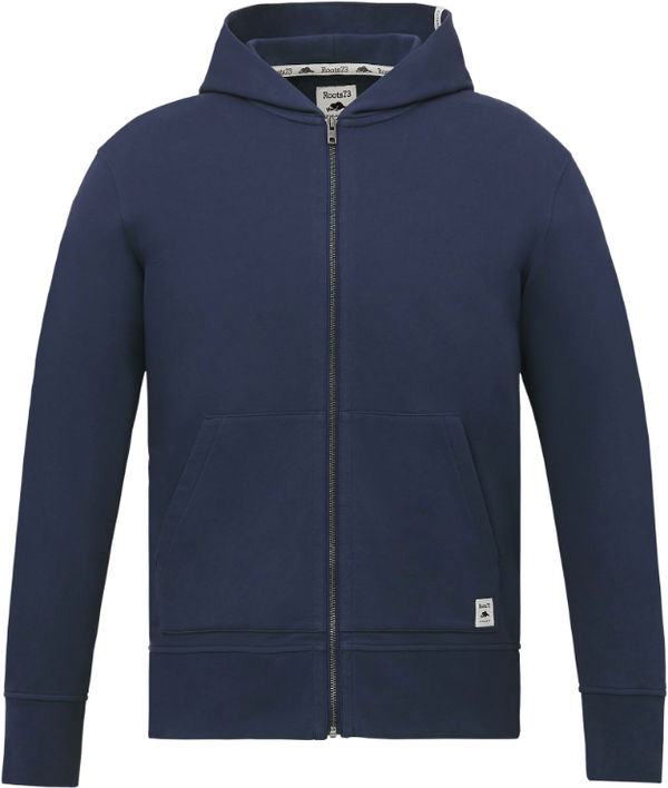 Am image of a Custom Roots73 Mens Canmore Eco Full Zip Hoody in Indigo Blue!