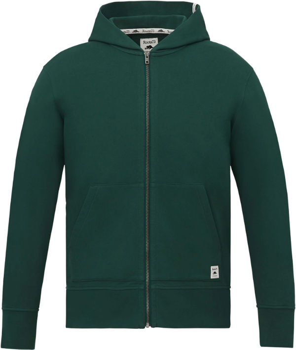 Am image of a Custom Roots73 Mens Canmore Eco Full Zip Hoody in Evergreen!