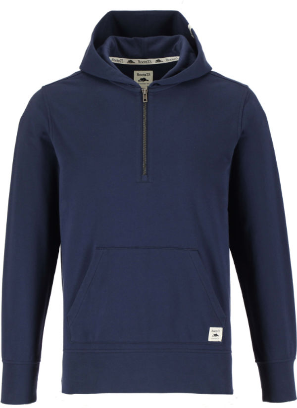 Am image of a Custom Roots73 Canmore Eco Quarter Zip Hoody in Indigo Blue!