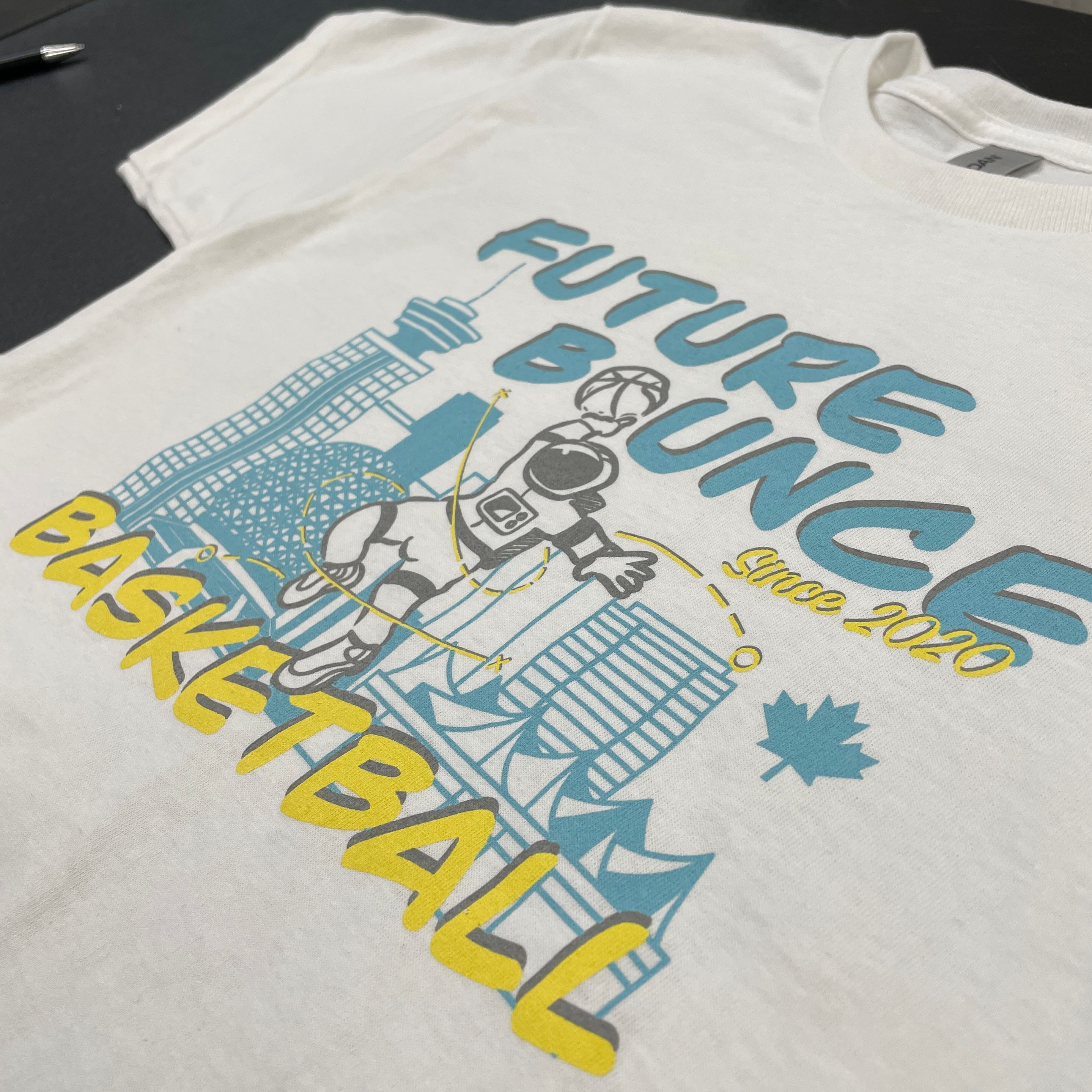 An image of a screen printed design we did for a basketball camp.