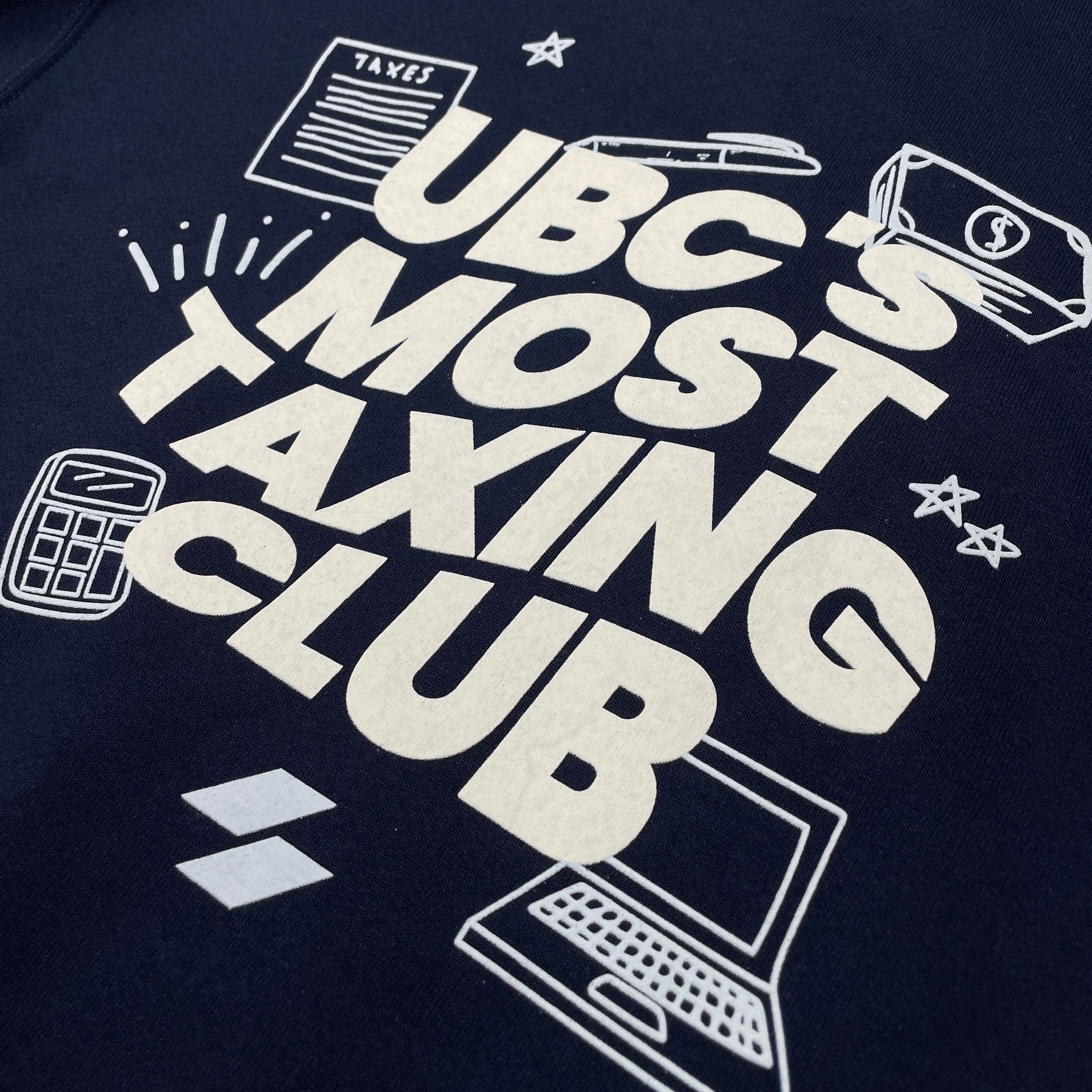 An image of custom crewneck that is screen printed with a UBC Tax Club design
