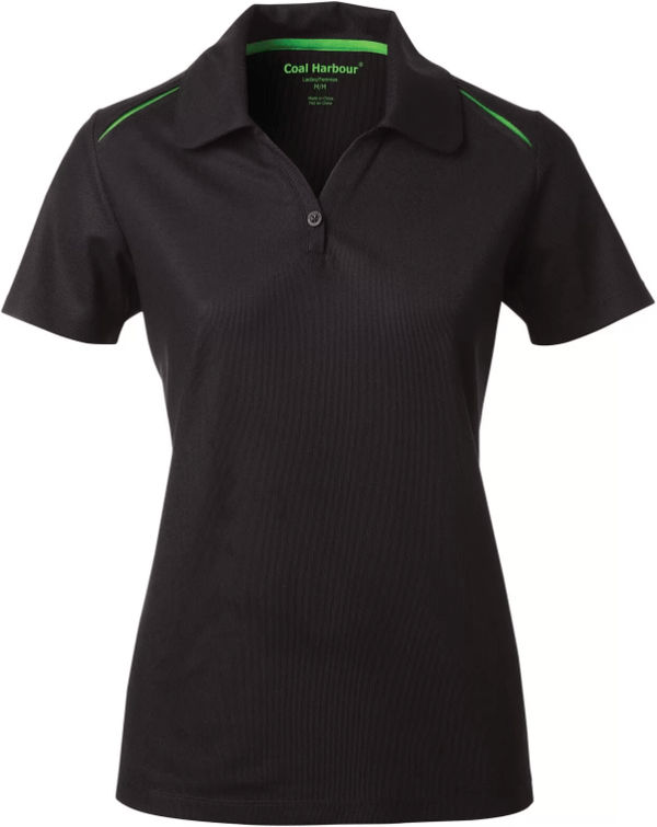 Am image of a Custom Coal Harbour Snag Resistant Contrast Insert Ladies Sport Shirt in Black/Lime!