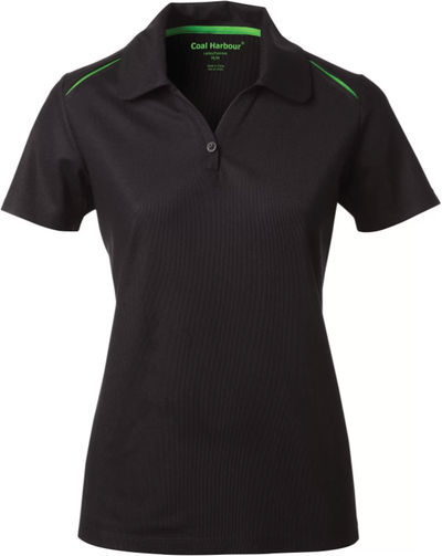 Am image of a Custom Coal Harbour Snag Resistant Contrast Insert Ladies Sport Shirt in Black/Lime!