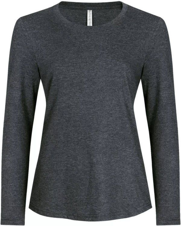 Am image of a Custom ATC Eurospun Ring Spun Long Sleeve Ladies Tee in Charcoal Heather!