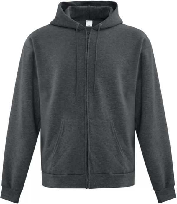 Am image of a Custom ATC Everyday Fleece Full Zip Hooded Sweatshirt in Dark Heather Grey!
