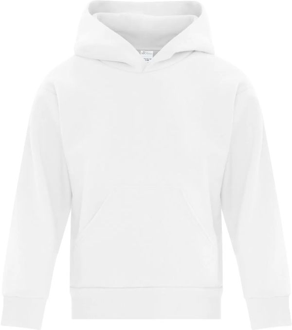 Am image of a Custom ATC Everyday Fleece Hooded Youth Sweatshirt in White!