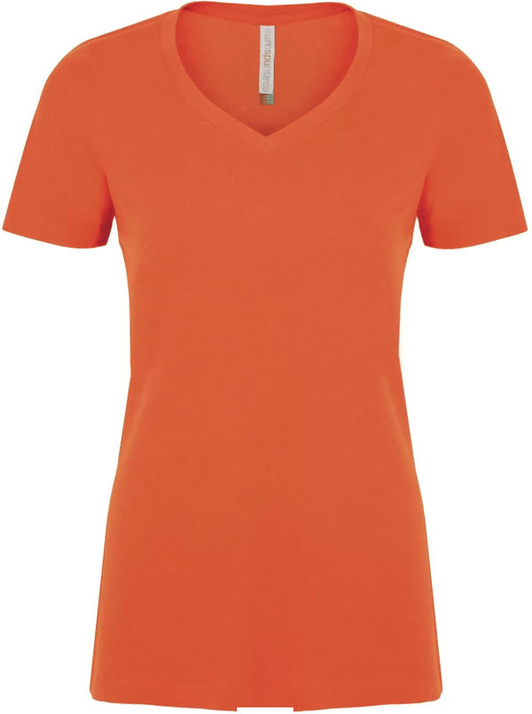 Am image of a Custom ATC Eurospun Ring Spun V Neck Ladies Tee in Orange!