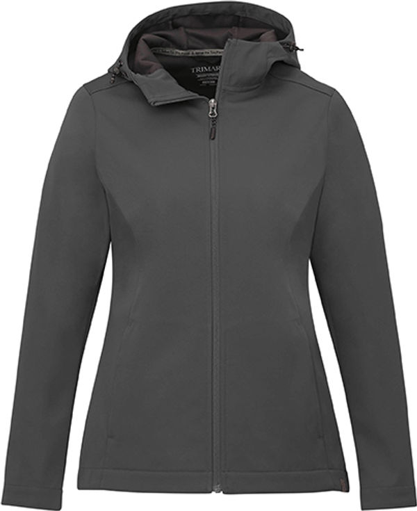 Am image of a Custom Trimark Womens Lefroy Eco Softshell Jacket in Quarry!