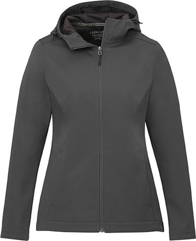 Am image of a Custom Trimark Womens Lefroy Eco Softshell Jacket in Quarry!