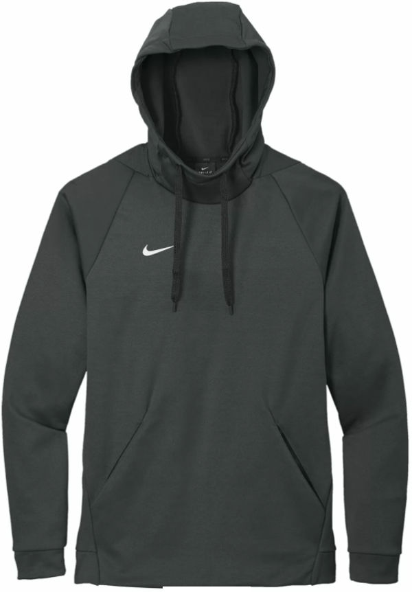 Am image of a Custom Nike ThermaFit Fleece Pullover Hoodie in Team Anthracite!
