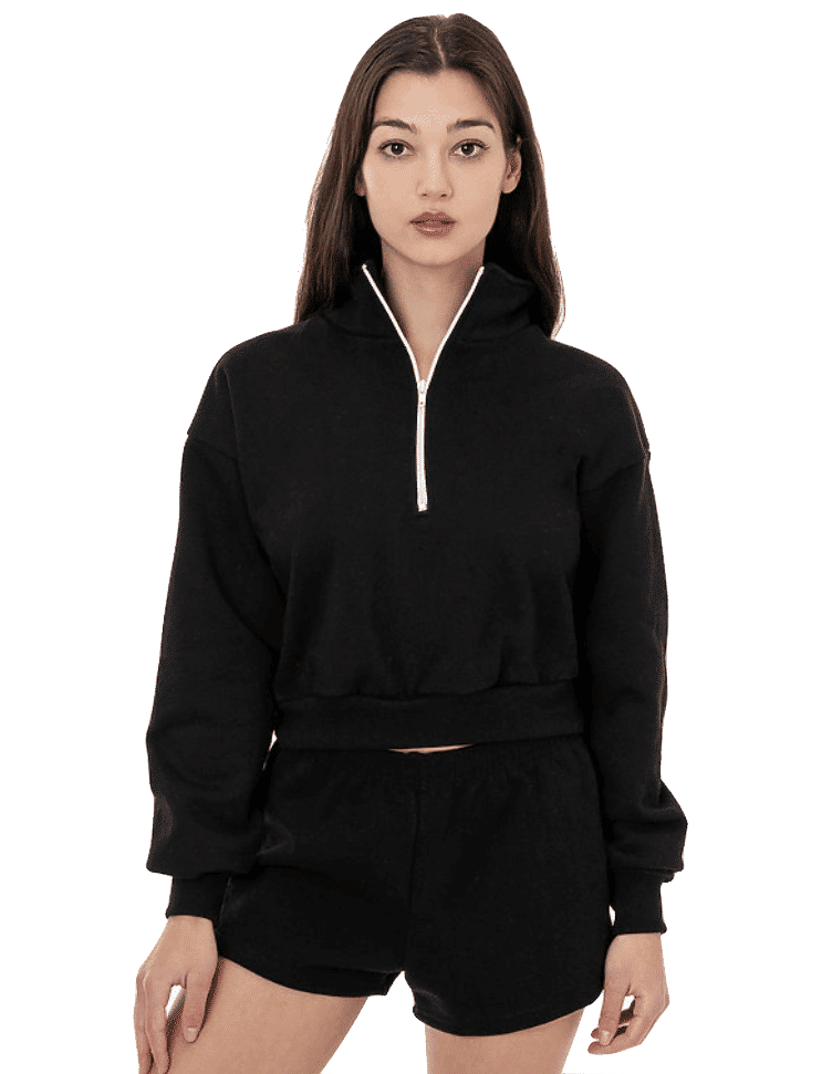 LA Apparel Heavy Fleece Cropped Half Zip Pullover in Black