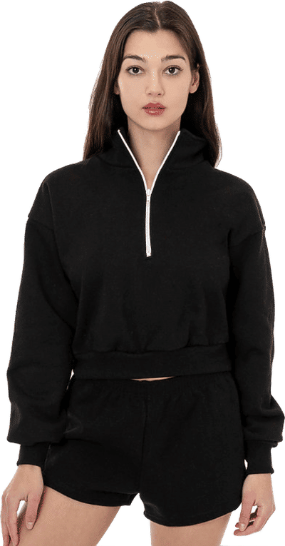 Am image of a Custom LA Apparel Heavy Fleece Cropped Half Zip Pullover in Black!