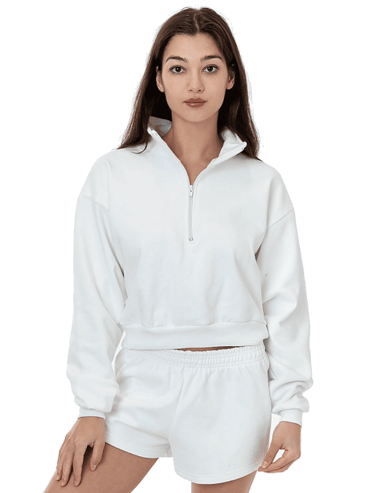 LA Apparel Heavy Fleece Cropped Half Zip Pullover in White