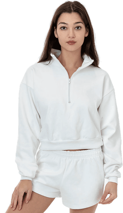 Am image of a Custom LA Apparel Heavy Fleece Cropped Half Zip Pullover in White!