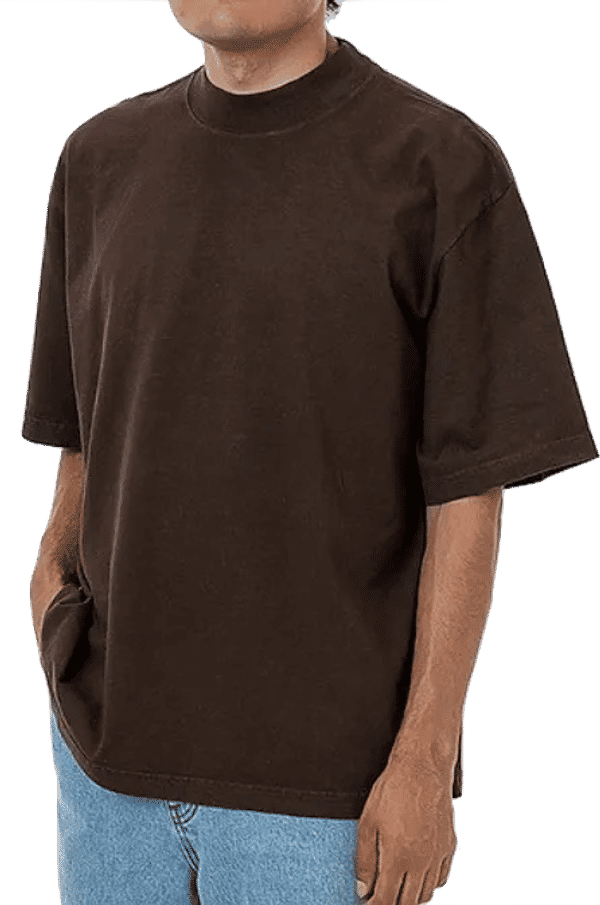 Am image of a Custom LA Apparel 18 singles SS Oversized Mock Tee in Chocolate!