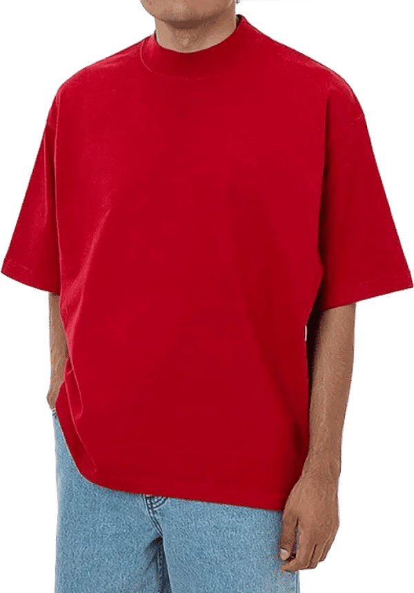 Am image of a Custom LA Apparel 18 singles SS Oversized Mock Tee in Cherry Red!