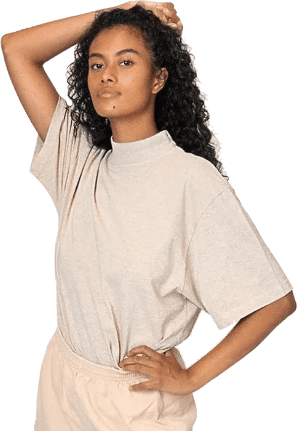 Am image of a Custom LA Apparel 18 singles SS Oversized Mock Tee in Oatmeal!