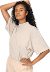 Am image of a Custom LA Apparel 18 singles SS Oversized Mock Tee in Oatmeal!