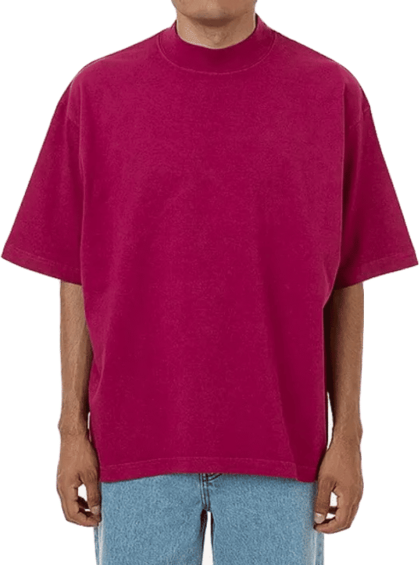 Am image of a Custom LA Apparel 18 singles SS Oversized Mock Tee in Ruby!